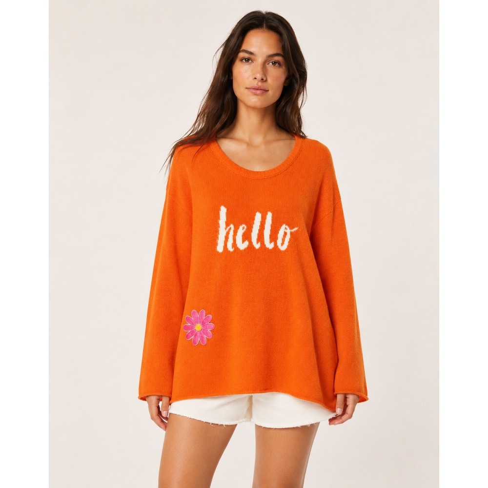 Hello Graphic Sweater Women's Large 100% Cotton Orange Oversized Knit Top